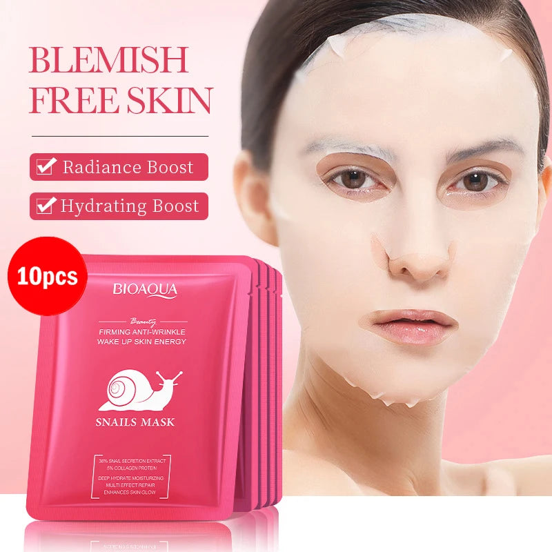 BIOAQUA Snail Face Mask – 5/10 PCS Hyaluronic Acid & Retinol | Moisturizing, Hydrating & Firming Skincare