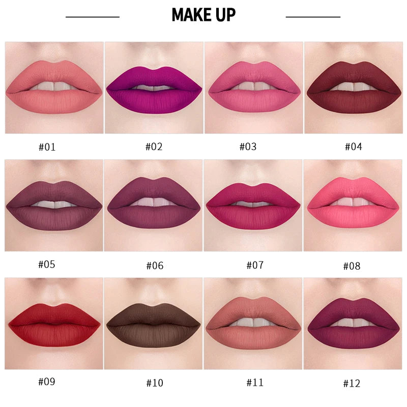 12-Color Matte Lipstick – Waterproof, Long-Lasting, Moisturizing Velvet Finish, High Pigment - Beauty & Beyond