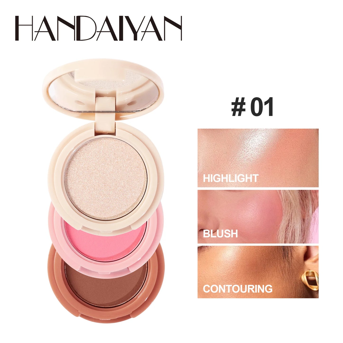 Handaiyan 3-in-1 Glow Palette – Eyeshadow, Highlighter & Blush in One Moonlight-Stone Compact with Glitter Shine - Beauty & Beyond