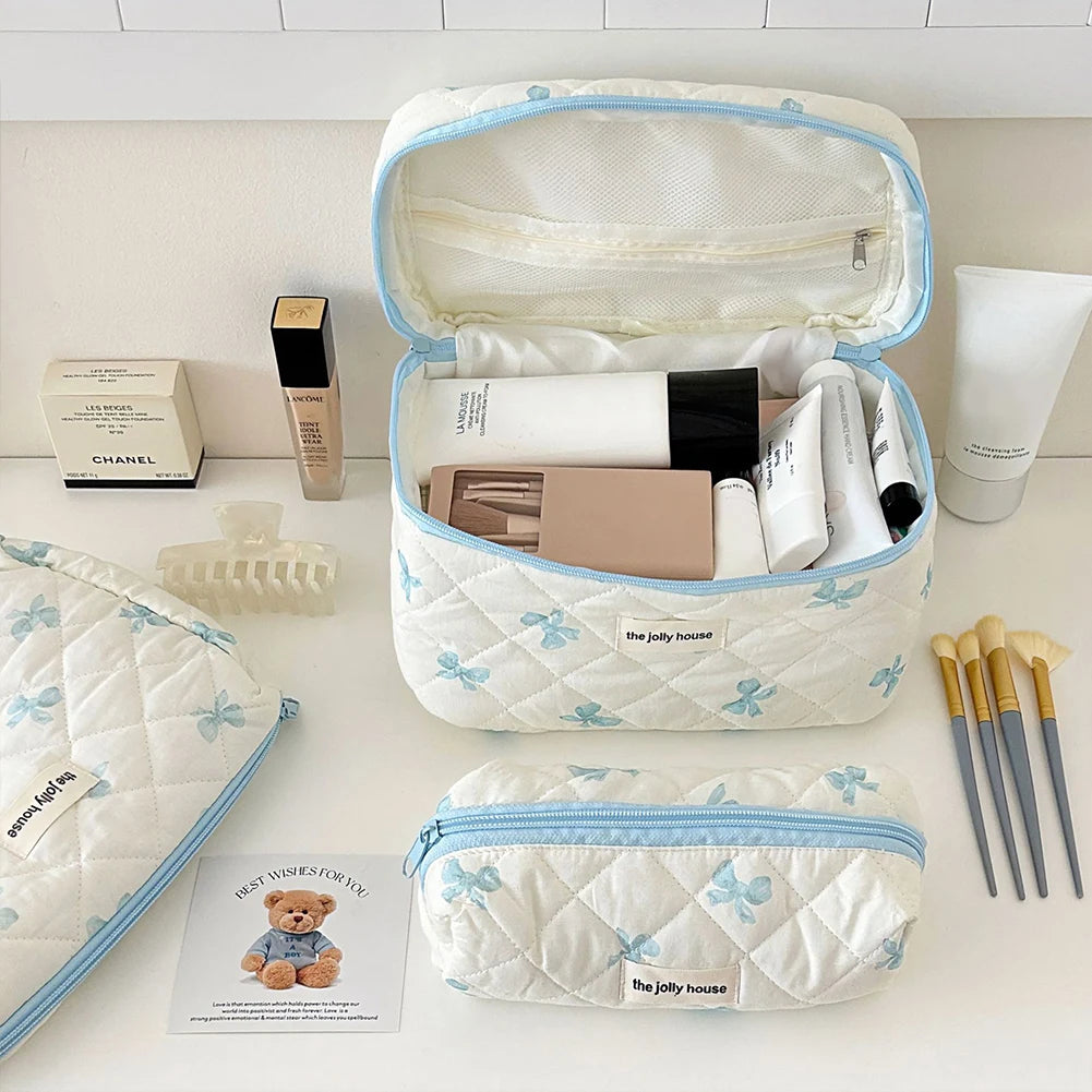 #1 Cute Bow Quilted Cotton Makeup Bag – Portable Zipper Cosmetic Organizer for Women & Girls