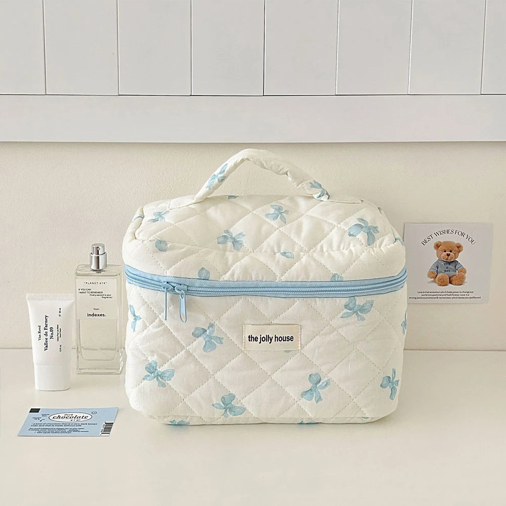 Cute Bow Flower Quilted Makeup Bag - Zipper Cosmetic Organizer, Portable Toiletry Case - Beauty & Beyond