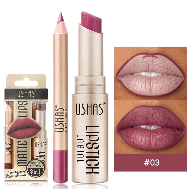 USHAS 12-Color Lip Liner + Lipstick Set – Easy Coloring, Matte, Long-Lasting Nude & Red Lipstick - Beauty & Beyond