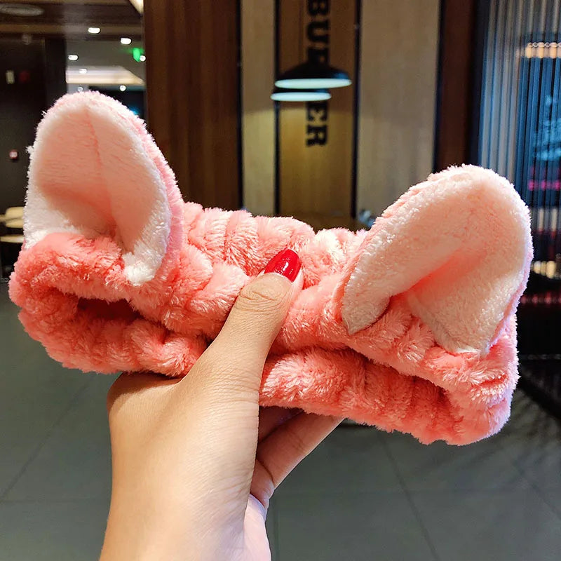 Wash Face Hair Holder - Soft Coral Fleece Bow, Animal Ears Headband for Women & Girls