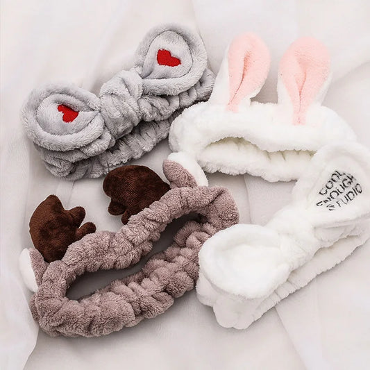 Wash Face Hair Holder - Soft Coral Fleece Bow, Animal Ears Headband for Women & Girls