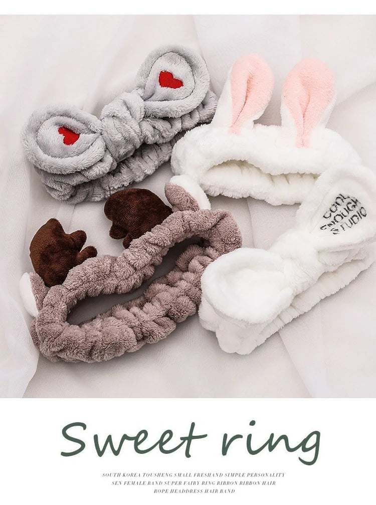 Wash Face Hair Holder - Soft Coral Fleece Bow, Animal Ears Headband for Women & Girls