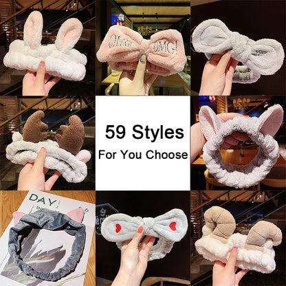 Wash Face Hair Holder - Soft Coral Fleece Bow, Animal Ears Headband for Women & Girls