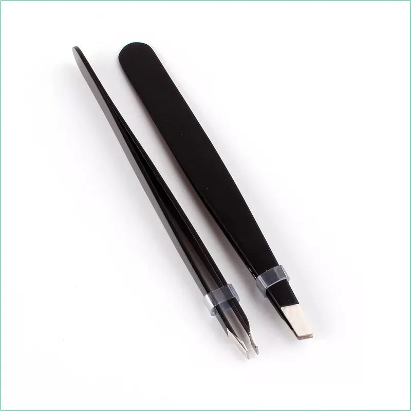 Black Eyebrow Tweezers - Stainless Steel, Slant Tip, Hair Removal & Eyelash Application Tool