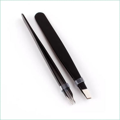 Black Eyebrow Tweezers - Stainless Steel, Slant Tip, Hair Removal & Eyelash Application Tool