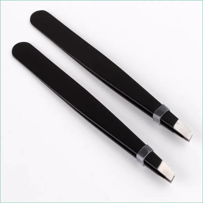 Black Eyebrow Tweezers - Stainless Steel, Slant Tip, Hair Removal & Eyelash Application Tool