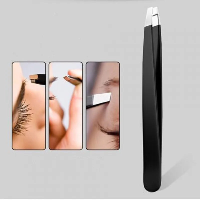 Black Eyebrow Tweezers - Stainless Steel, Slant Tip, Hair Removal & Eyelash Application Tool
