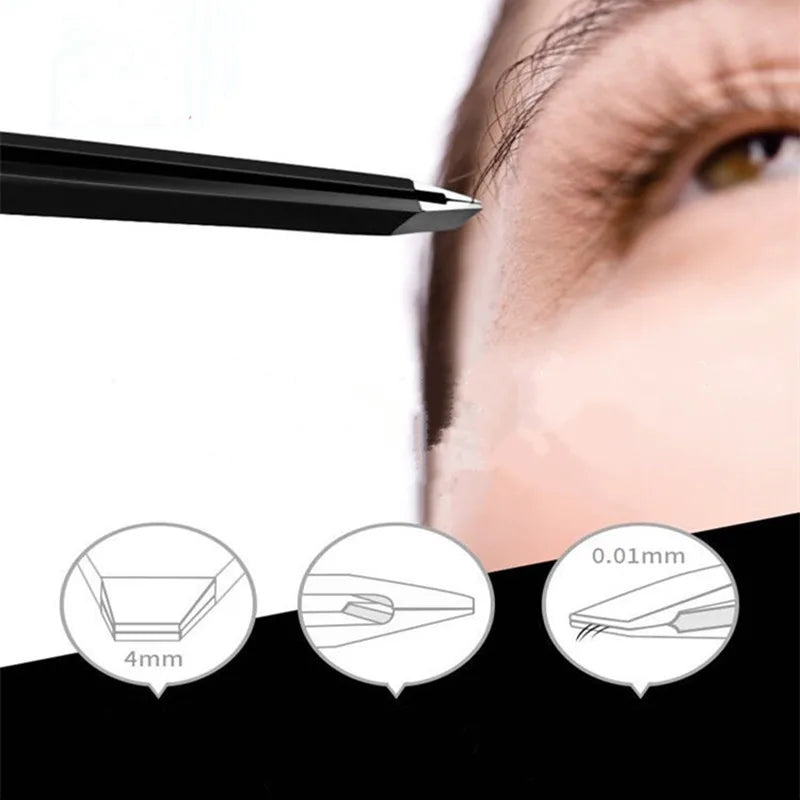 Black Eyebrow Tweezers - Stainless Steel, Slant Tip, Hair Removal & Eyelash Application Tool
