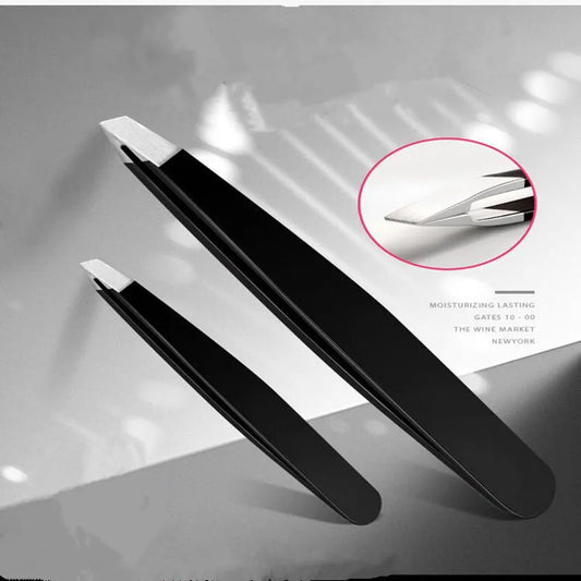 Black Eyebrow Tweezers - Stainless Steel, Slant Tip, Hair Removal & Eyelash Application Tool