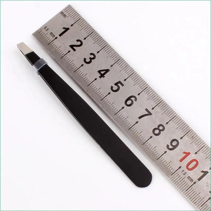 Black Eyebrow Tweezers - Stainless Steel, Slant Tip, Hair Removal & Eyelash Application Tool