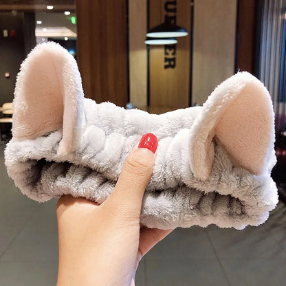 Wash Face Hair Holder - Soft Coral Fleece Bow, Animal Ears Headband for Women & Girls