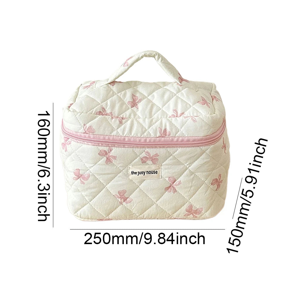 Cute Bow Flower Quilted Makeup Bag - Zipper Cosmetic Organizer, Portable Toiletry Case - Beauty & Beyond