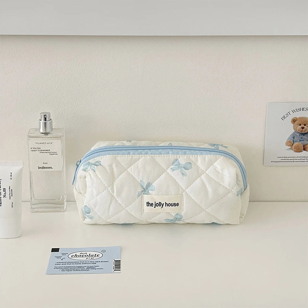 Cute Bow Flower Quilted Makeup Bag - Zipper Cosmetic Organizer, Portable Toiletry Case - Beauty & Beyond