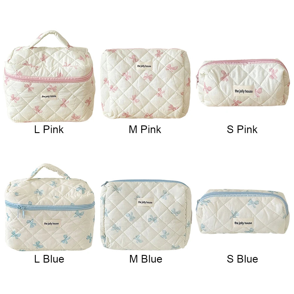 Cute Bow Flower Quilted Makeup Bag - Zipper Cosmetic Organizer, Portable Toiletry Case - Beauty & Beyond