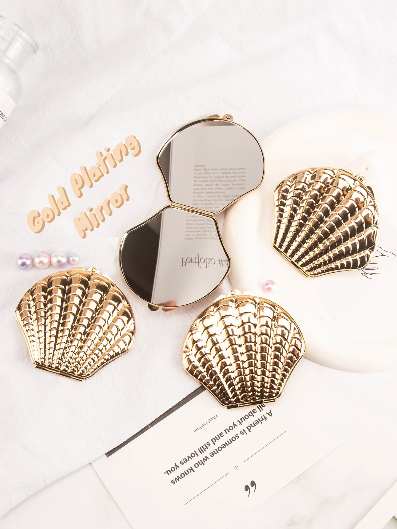 1PC Golden Shell Double-Sided Makeup Mirror - Portable, Gift for Girlfriend, Mum, Sister, Teacher - Beauty & Beyond