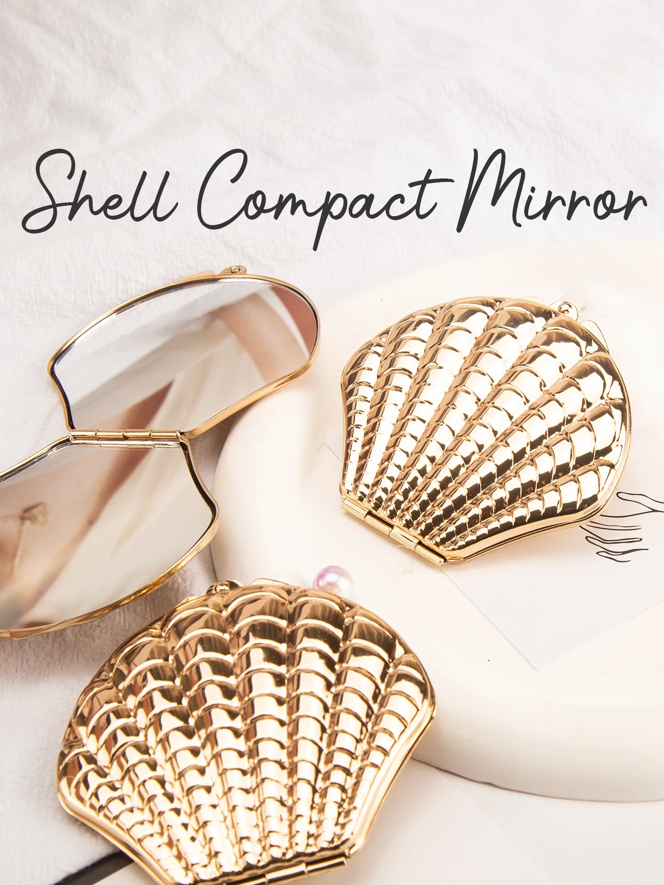 1PC Golden Shell Double-Sided Makeup Mirror - Portable, Gift for Girlfriend, Mum, Sister, Teacher - Beauty & Beyond