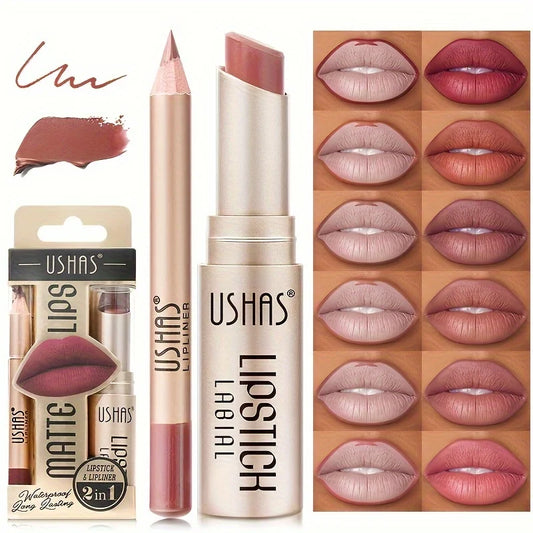 USHAS 12-Color Matte Lipstick Set – Waterproof & Long-Lasting | Lipstick + Lip Liner, Non-Stick Easy Coloring