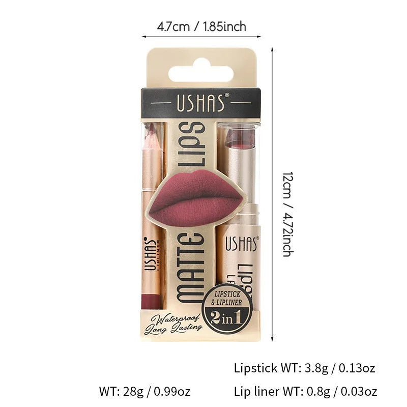 USHAS 12-Color Lip Liner + Lipstick Set – Easy Coloring, Matte, Long-Lasting Nude & Red Lipstick - Beauty & Beyond