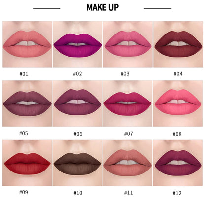 12-Color Matte Lipstick – Waterproof, Long-Lasting, Moisturizing Velvet Finish, High Pigment - Beauty & Beyond