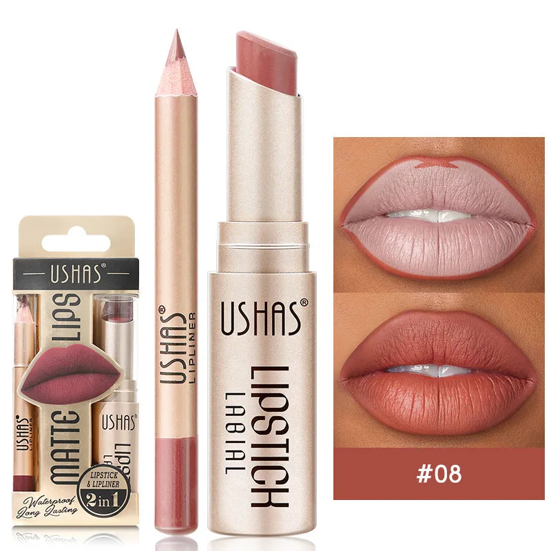 USHAS 12-Color Lip Liner + Lipstick Set – Easy Coloring, Matte, Long-Lasting Nude & Red Lipstick - Beauty & Beyond