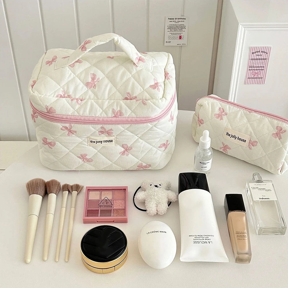 Cute Bow Flower Quilted Makeup Bag - Zipper Cosmetic Organizer, Portable Toiletry Case - Beauty & Beyond