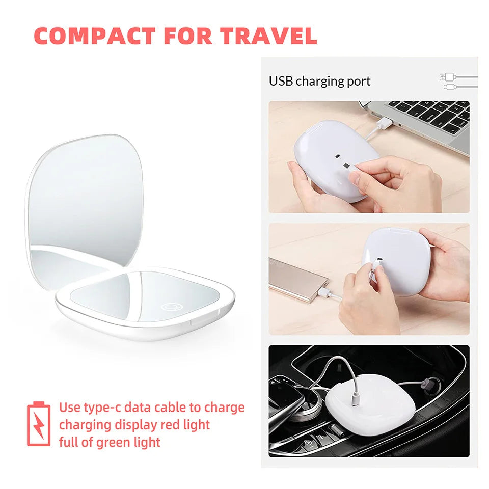 Mini Foldable LED Makeup Mirror - 5x/10x Magnification, Rechargeable, Compact - Beauty & Beyond