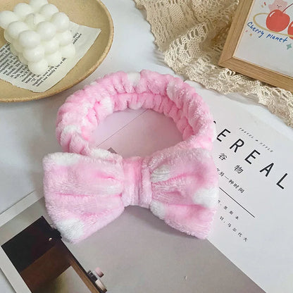 Spa Headband Bow - Soft Coral Fleece for Makeup, Shower, Face Washing, Hair Accessory
