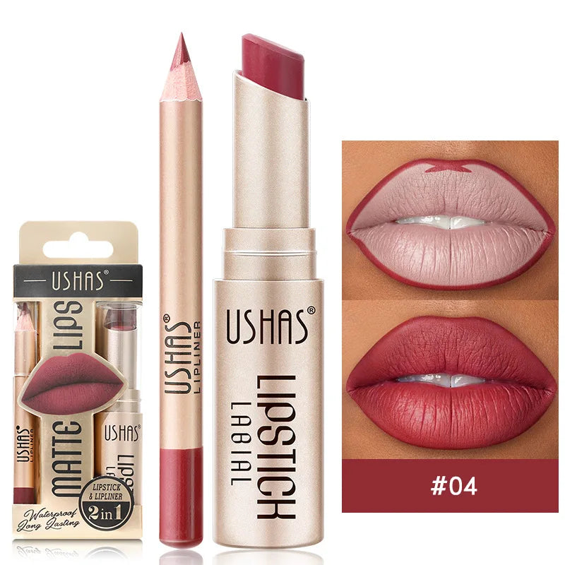 USHAS 12-Color Lip Liner + Lipstick Set – Easy Coloring, Matte, Long-Lasting Nude & Red Lipstick - Beauty & Beyond