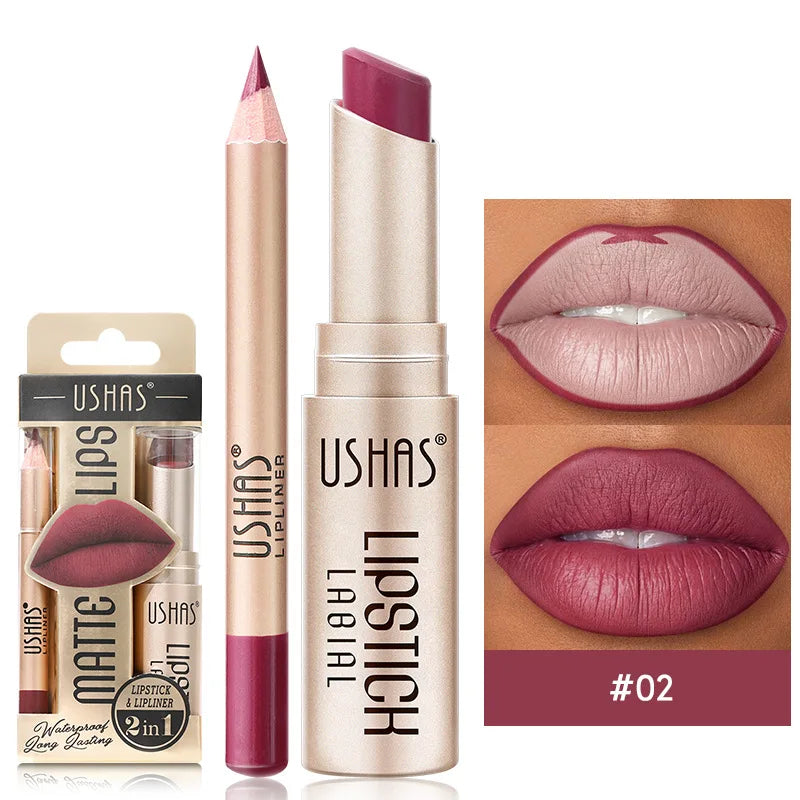 USHAS 12-Color Lip Liner + Lipstick Set – Easy Coloring, Matte, Long-Lasting Nude & Red Lipstick - Beauty & Beyond