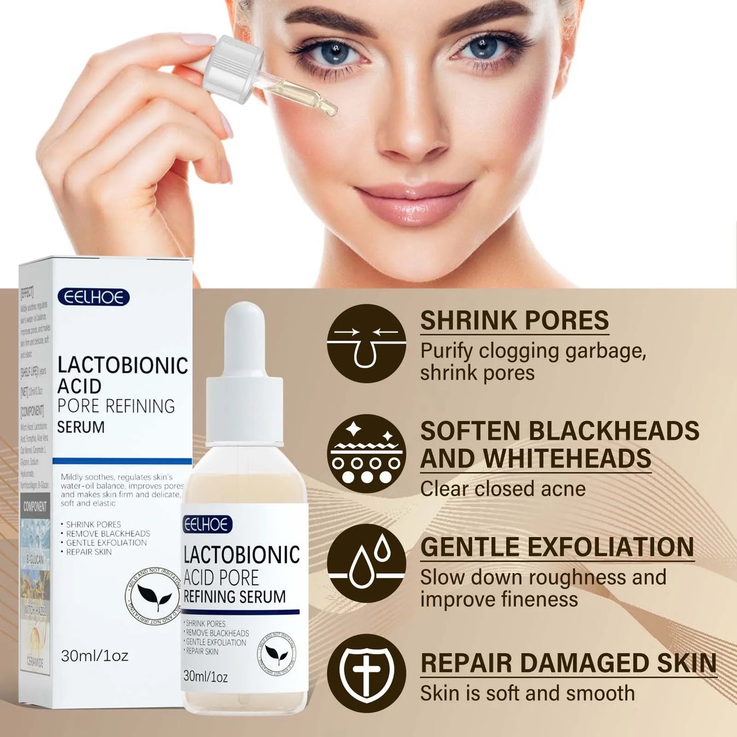 Lactic Acid Pore Shrink Serum - Moisturizing, Blackhead Removal, Firming, Brightening Essence - Beauty & Beyond