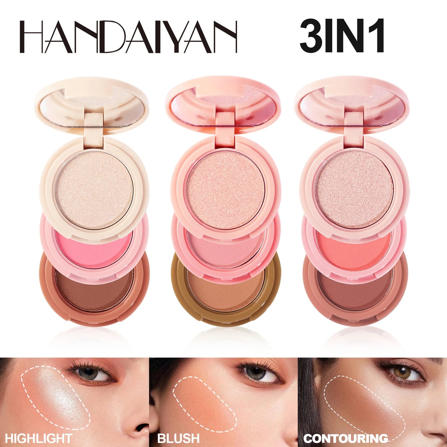 Handaiyan 3-in-1 Glow Palette – Eyeshadow, Highlighter & Blush in One Moonlight-Stone Compact with Glitter Shine - Beauty & Beyond