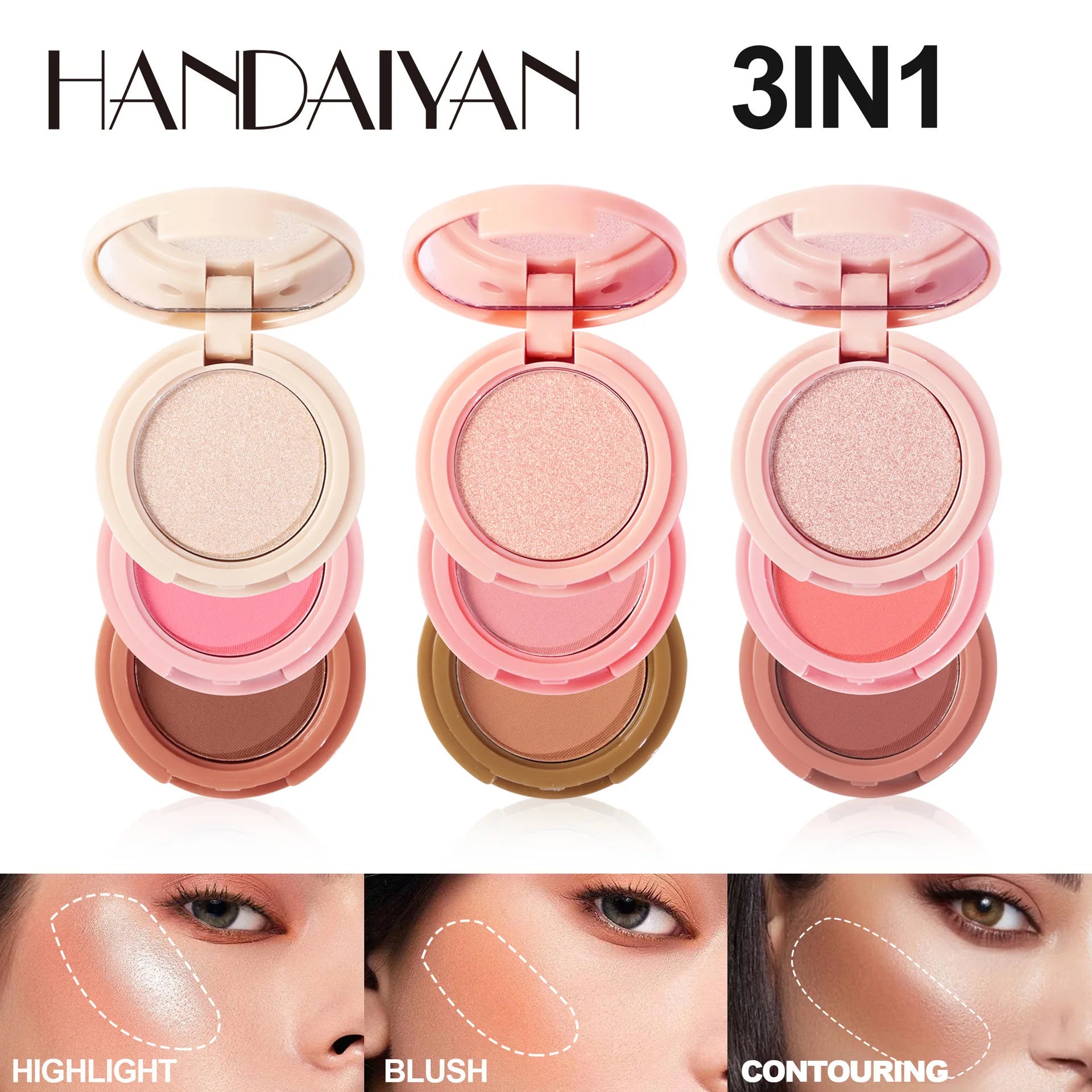 Handaiyan 3-in-1 Glow Palette – Eyeshadow, Highlighter & Blush in One Moonlight-Stone Compact with Glitter Shine - Beauty & Beyond