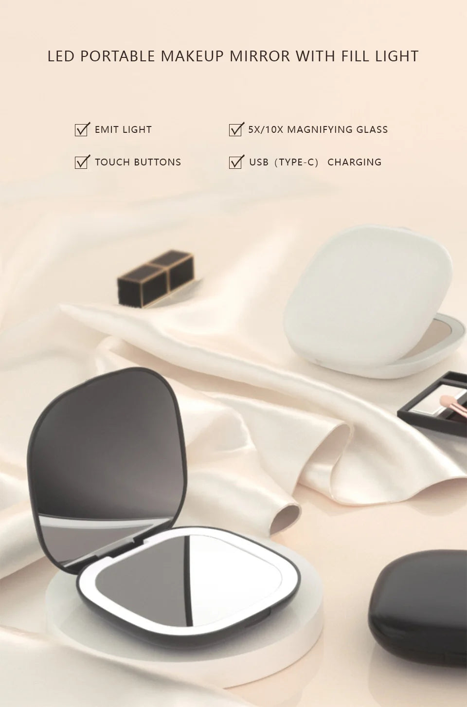 Mini Foldable LED Makeup Mirror - 5x/10x Magnification, Rechargeable, Compact - Beauty & Beyond