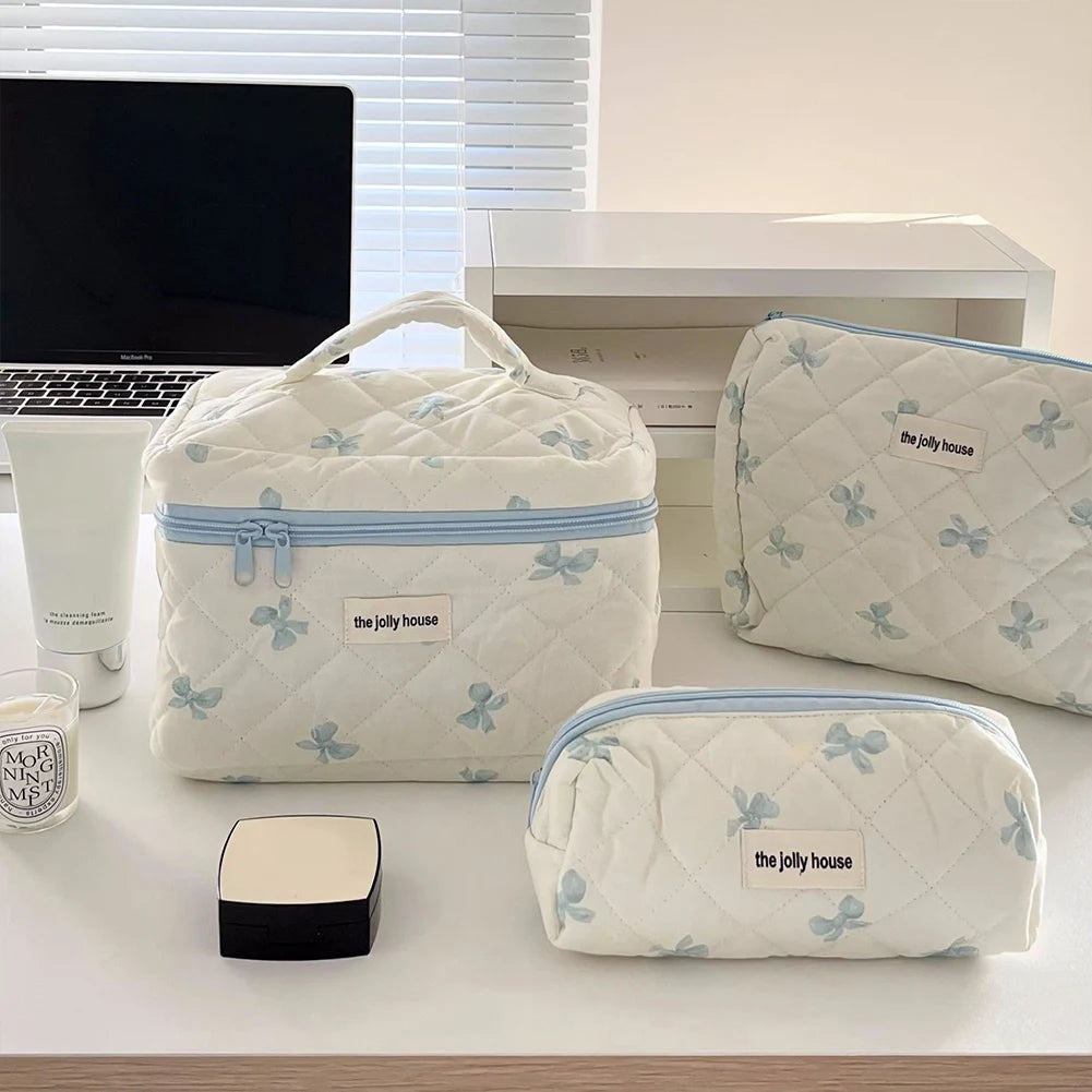 Cute Bow Flower Quilted Makeup Bag - Zipper Cosmetic Organizer, Portable Toiletry Case - Beauty & Beyond