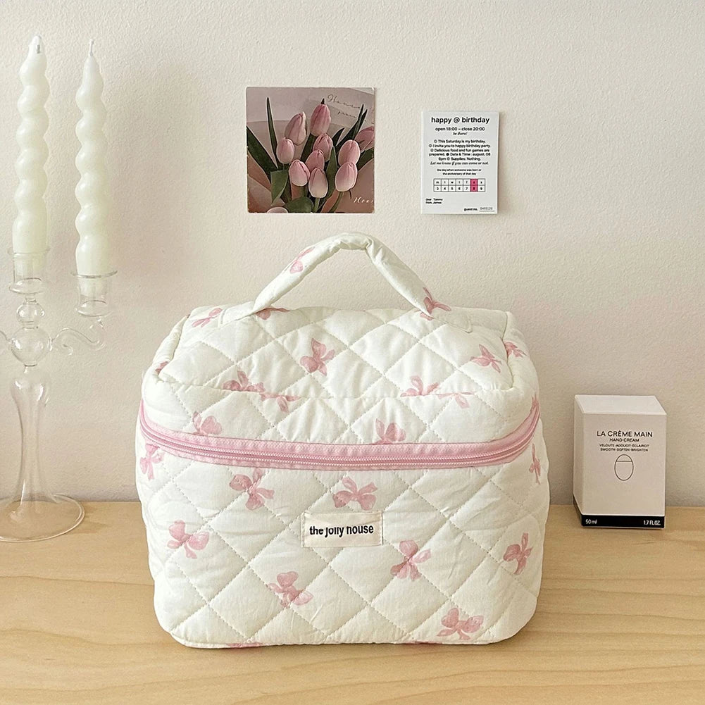 Cute Bow Flower Quilted Makeup Bag - Zipper Cosmetic Organizer, Portable Toiletry Case - Beauty & Beyond