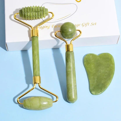 Natural Jade Roller & Gua Sha Set - Stone Massager for Face, Neck, Eye Care, Lifting, Spa Tools