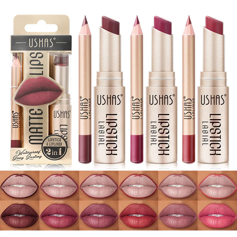 USHAS 12-Color Lip Liner + Lipstick Set – Easy Coloring, Matte, Long-Lasting Nude & Red Lipstick - Beauty & Beyond