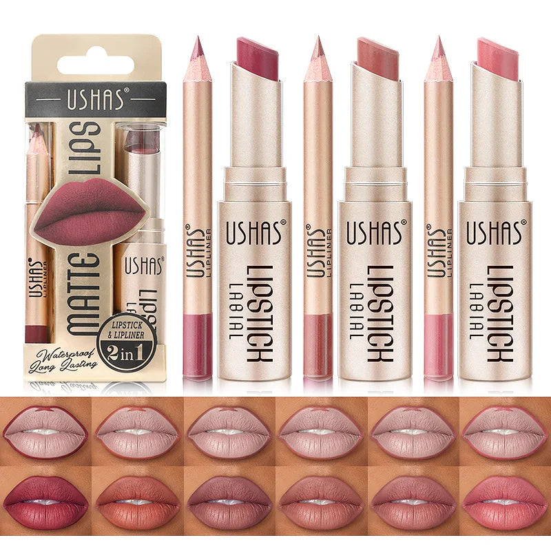 USHAS 12-Color Lip Liner + Lipstick Set – Easy Coloring, Matte, Long-Lasting Nude & Red Lipstick - Beauty & Beyond