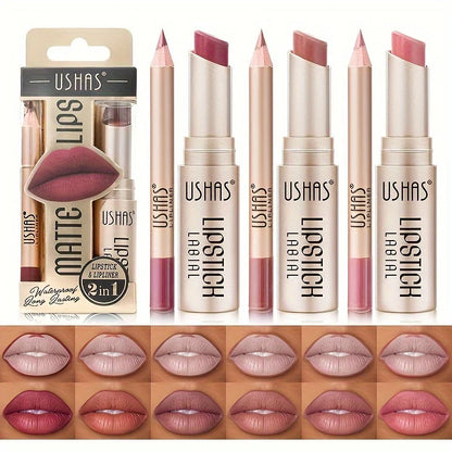 USHAS 12-Color Matte Lipstick Set – Waterproof & Long-Lasting | Lipstick + Lip Liner, Non-Stick Easy Coloring