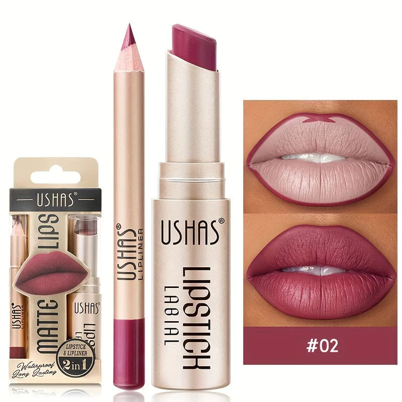 USHAS 12-Color Matte Lipstick Set – Waterproof & Long-Lasting | Lipstick + Lip Liner, Non-Stick Easy Coloring