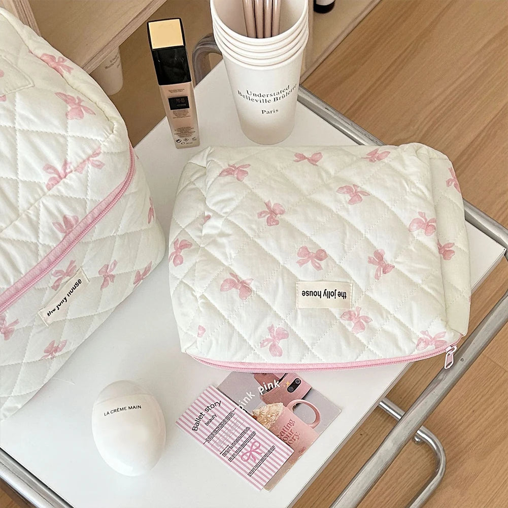 Cute Bow Flower Quilted Makeup Bag - Zipper Cosmetic Organizer, Portable Toiletry Case - Beauty & Beyond