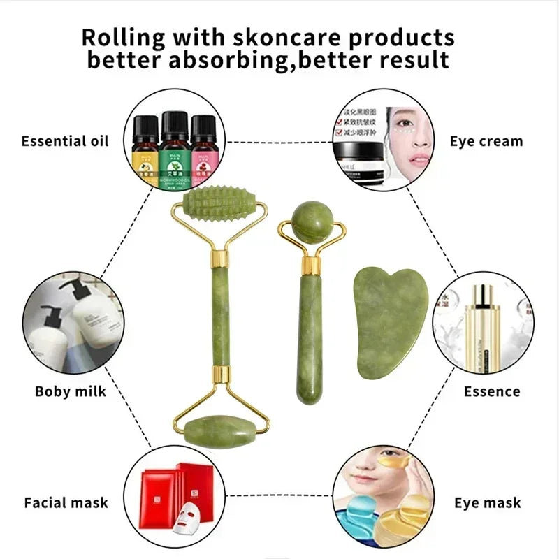 Natural Jade Roller & Gua Sha Set - Stone Massager for Face, Neck, Eye Care, Lifting, Spa Tools