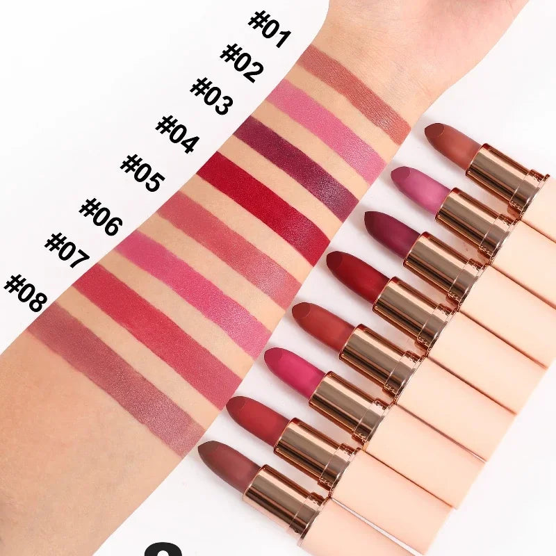 Deep Red Matte Lipstick – 8 Colors, Waterproof, Non-Stick Cup, Velvet Finish for Easy Application - Beauty & Beyond