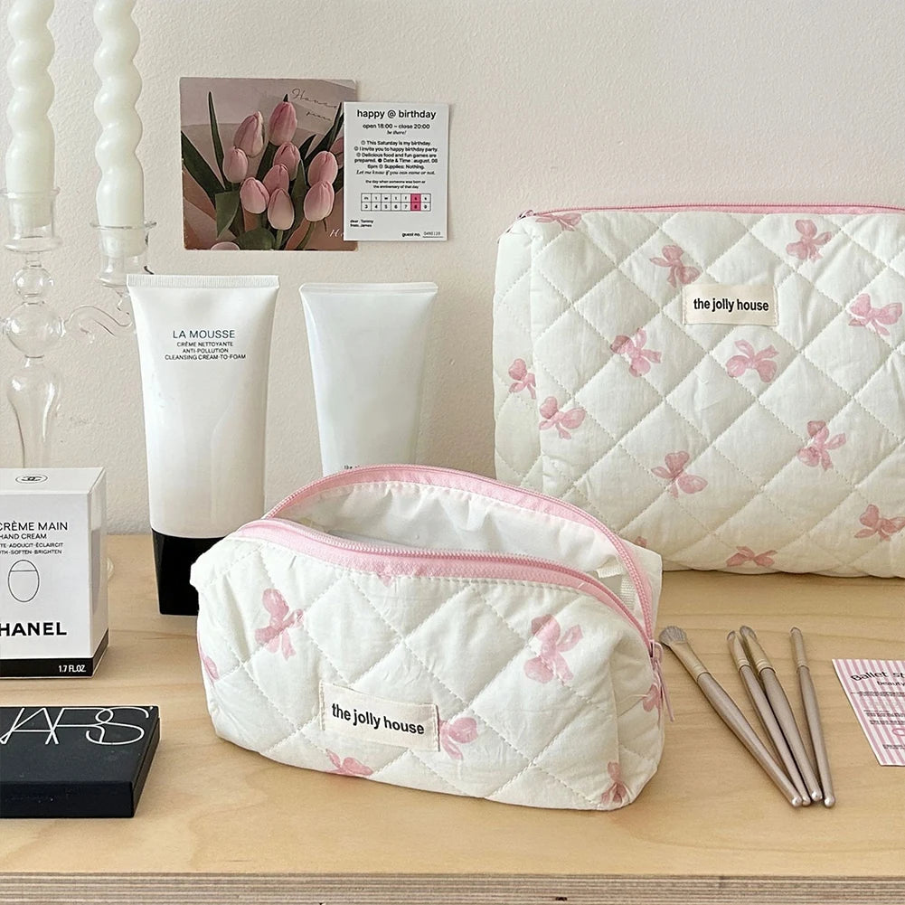 Cute Bow Flower Quilted Makeup Bag - Zipper Cosmetic Organizer, Portable Toiletry Case - Beauty & Beyond