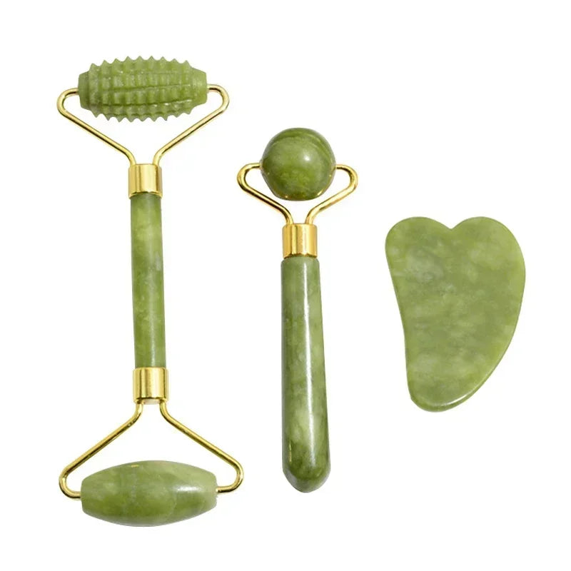 Natural Jade Roller & Gua Sha Set - Stone Massager for Face, Neck, Eye Care, Lifting, Spa Tools