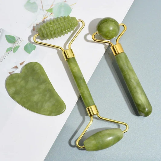 Natural Jade Roller & Gua Sha Set - Stone Massager for Face, Neck, Eye Care, Lifting, Spa Tools