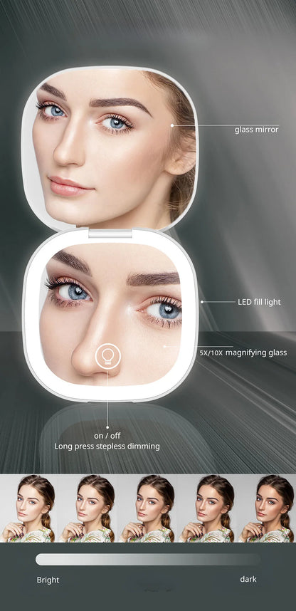 Mini Foldable LED Makeup Mirror - 5x/10x Magnification, Rechargeable, Compact - Beauty & Beyond